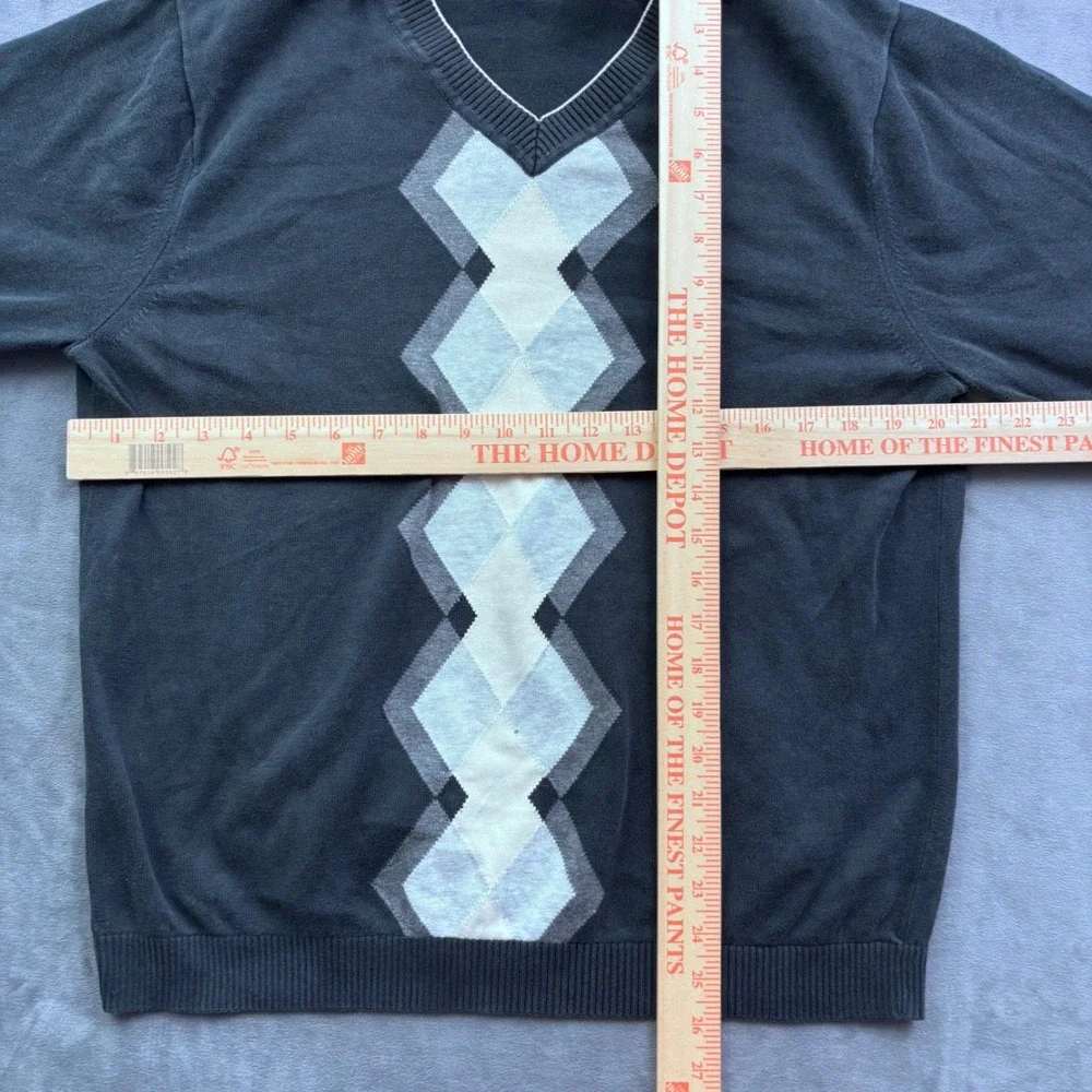Claiborne Mens V-Neck Sweater Black Argyle Diamond Cotton Knit Pullover Large